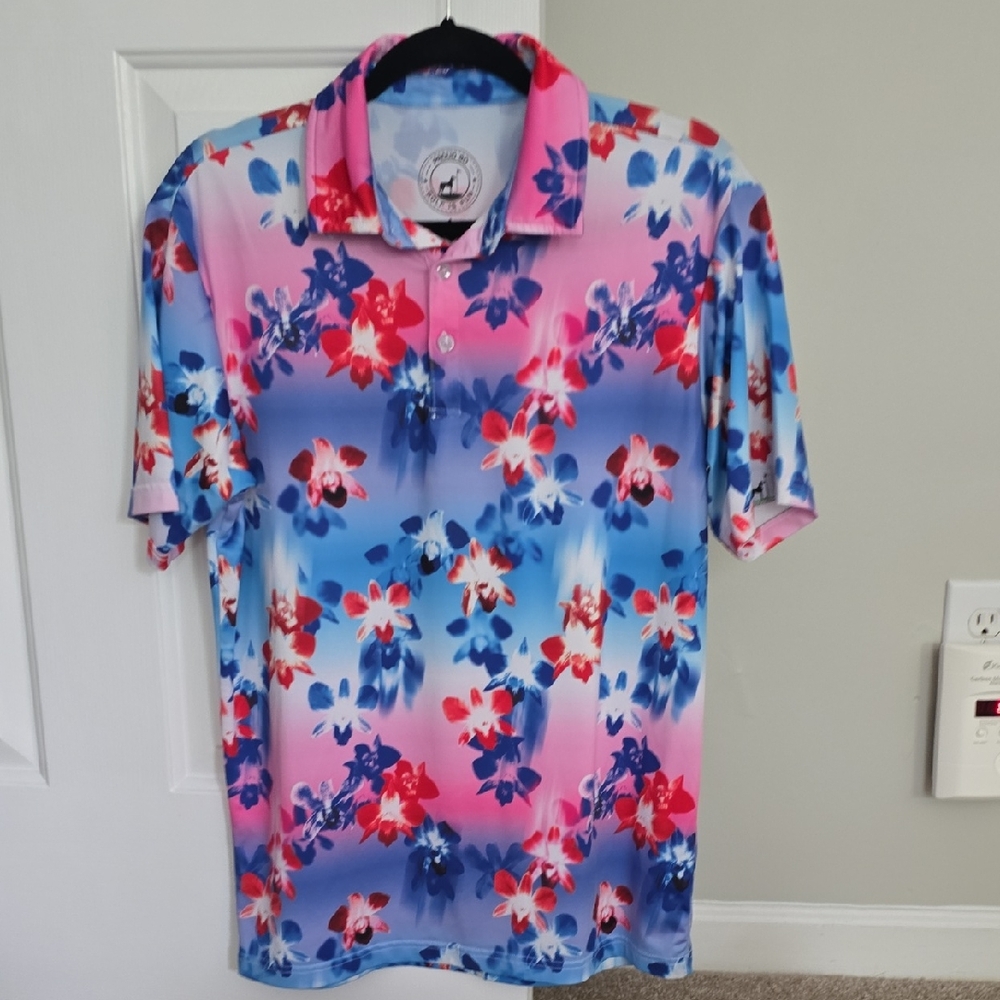 Pink and Blue Polo Shirt with Artistic Pattern